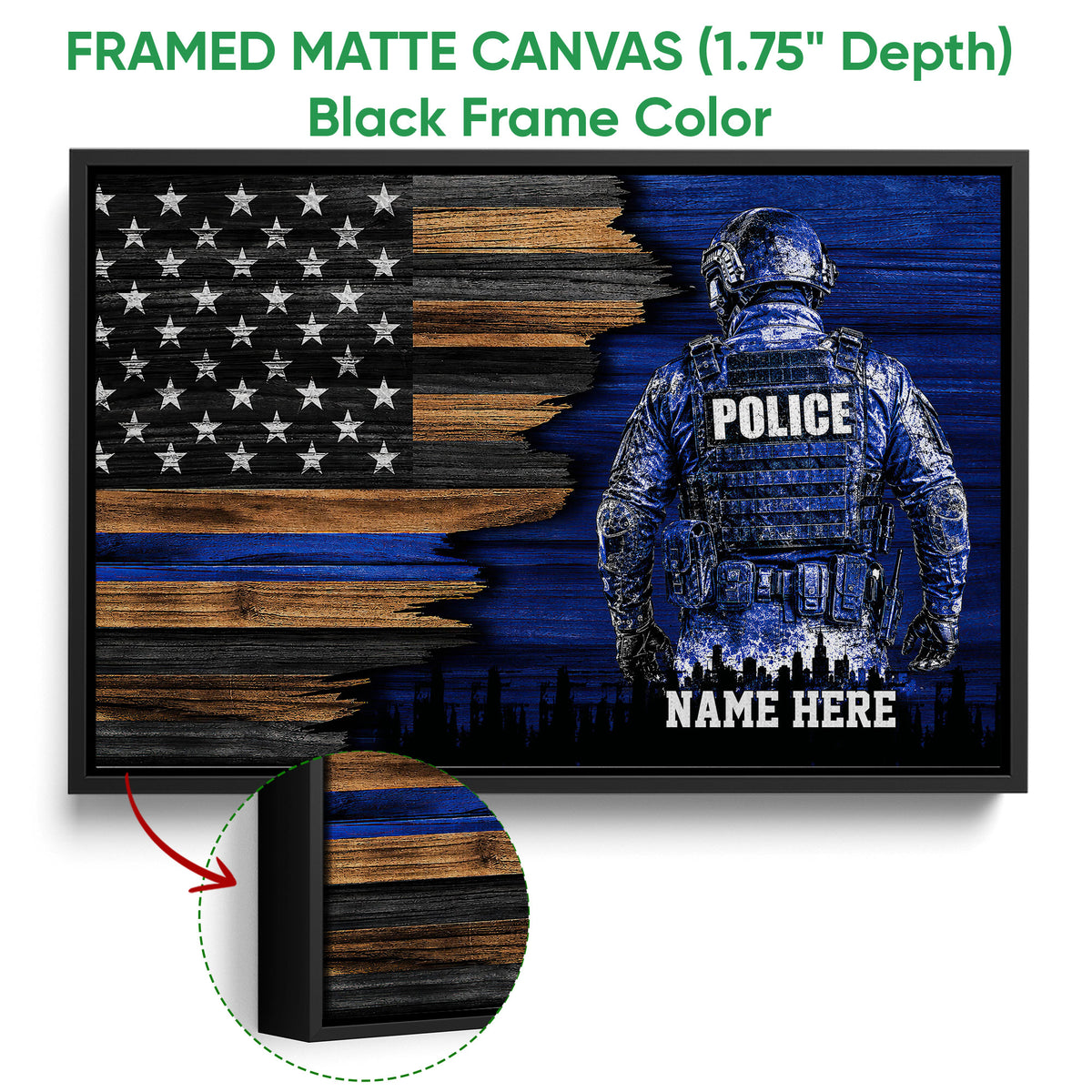 Black framed police canvas wall art featuring a blue-toned officer and distressed American flag design