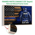 Natural wood framed police wall art with a blue-toned officer and distressed American flag artwork