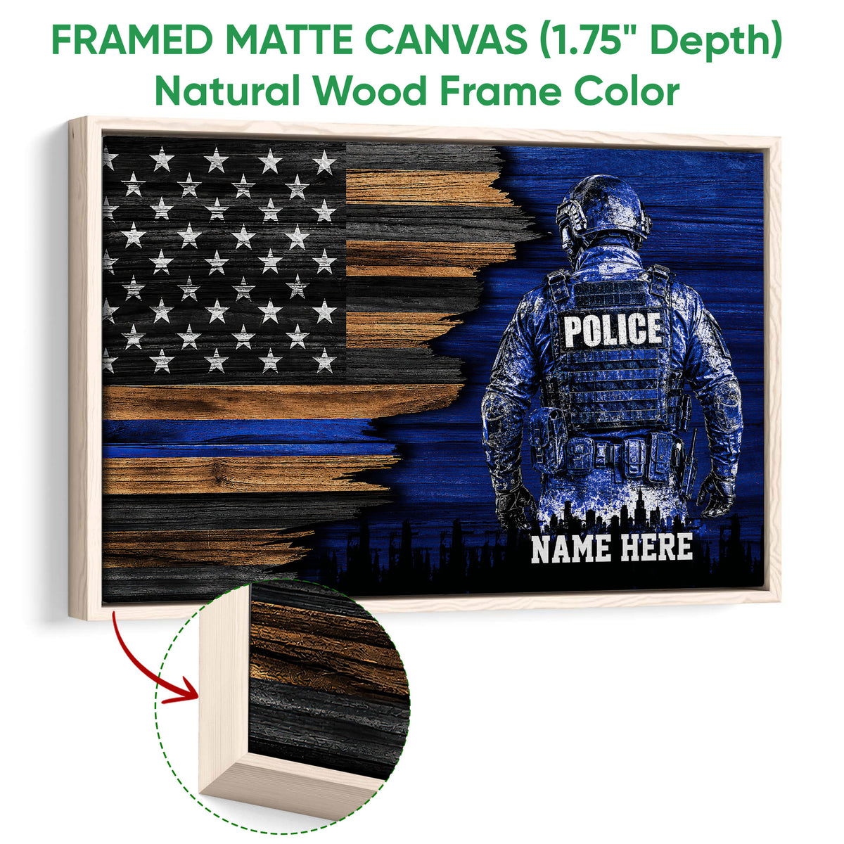 Natural wood framed police wall art with a blue-toned officer and distressed American flag artwork
