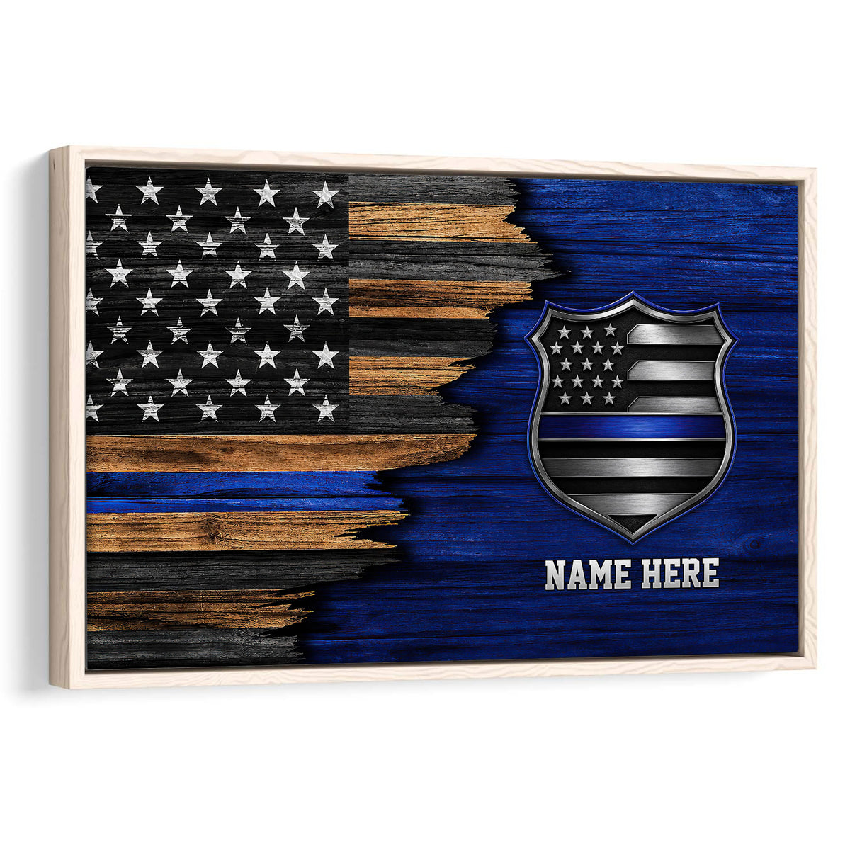 Framed police wall art with a blue-line American flag, shield emblem, and distressed wood-style background