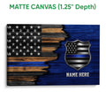 Matte canvas police wall art with blue-line flag design, shield emblem, and distressed layered wood texture