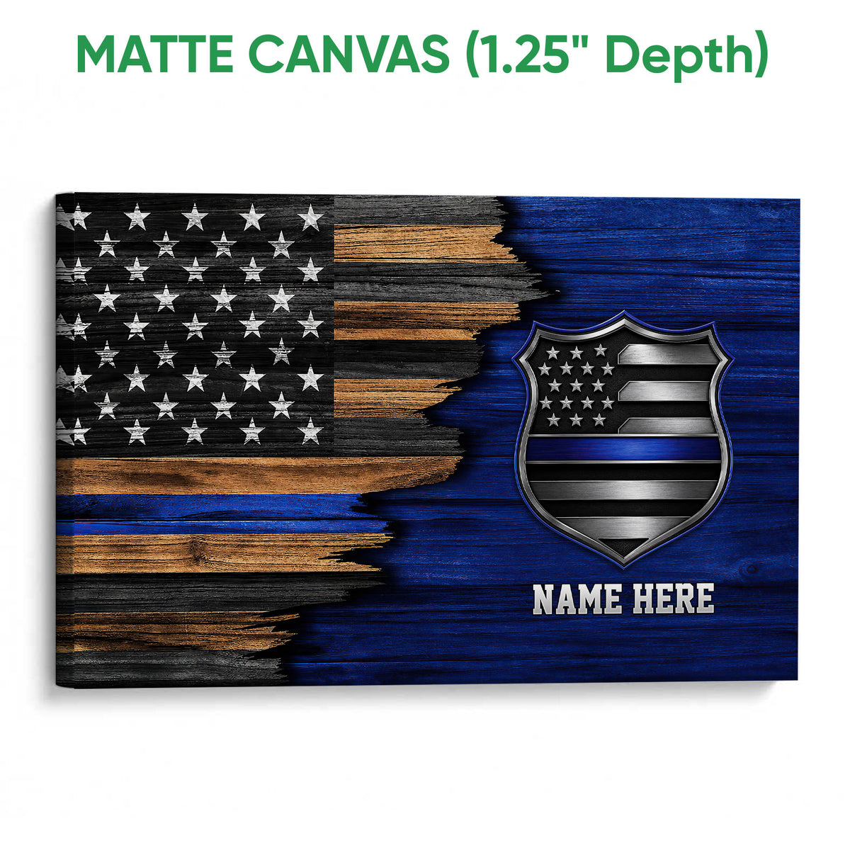 Matte canvas police wall art with blue-line flag design, shield emblem, and distressed layered wood texture