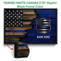 Framed matte canvas police wall art shown with a black frame and close-up of the textured edge