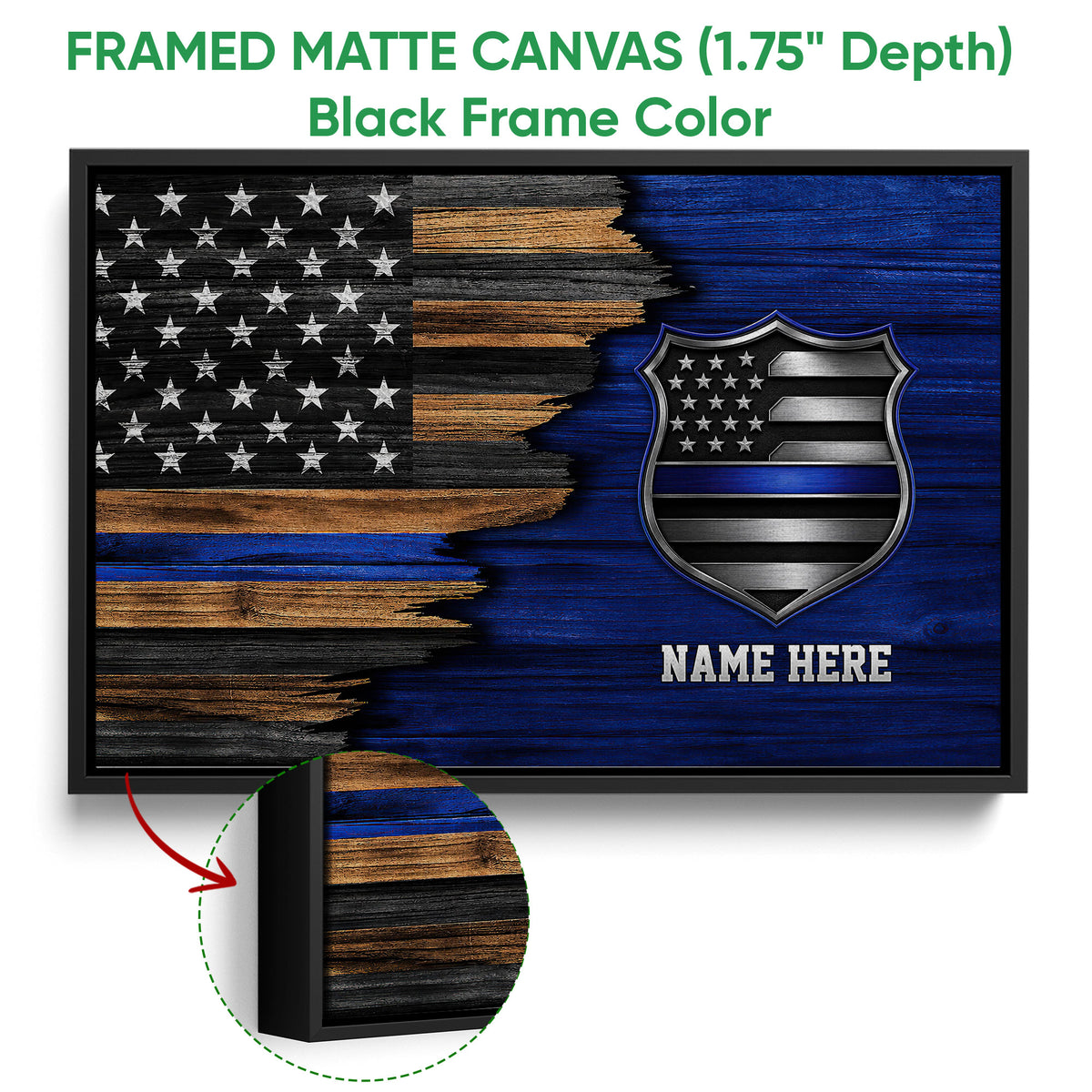 Framed matte canvas police wall art shown with a black frame and close-up of the textured edge