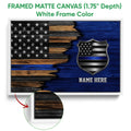 Framed matte canvas police wall art shown with a white frame and close-up of the textured edge