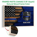 Framed matte canvas police wall art shown with a natural wood frame and close-up of the textured edge