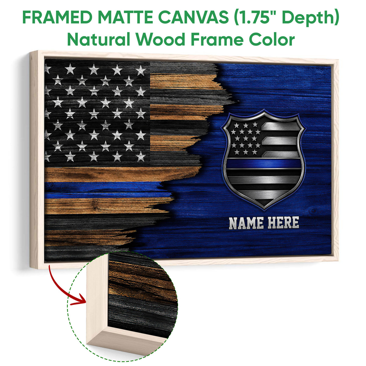 Framed matte canvas police wall art shown with a natural wood frame and close-up of the textured edge