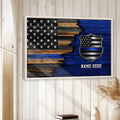 Police wall art displayed in a bright home interior with a blue-line American flag and shield design