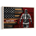 Framed firefighter wall art featuring a patriotic black, red and wood-toned flag design