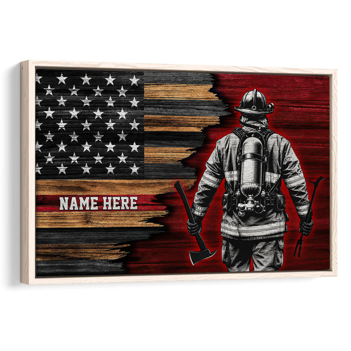 Framed firefighter wall art featuring a patriotic black, red and wood-toned flag design