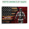 Matte canvas firefighter wall art with a patriotic flag design and textured red, black and wood tones