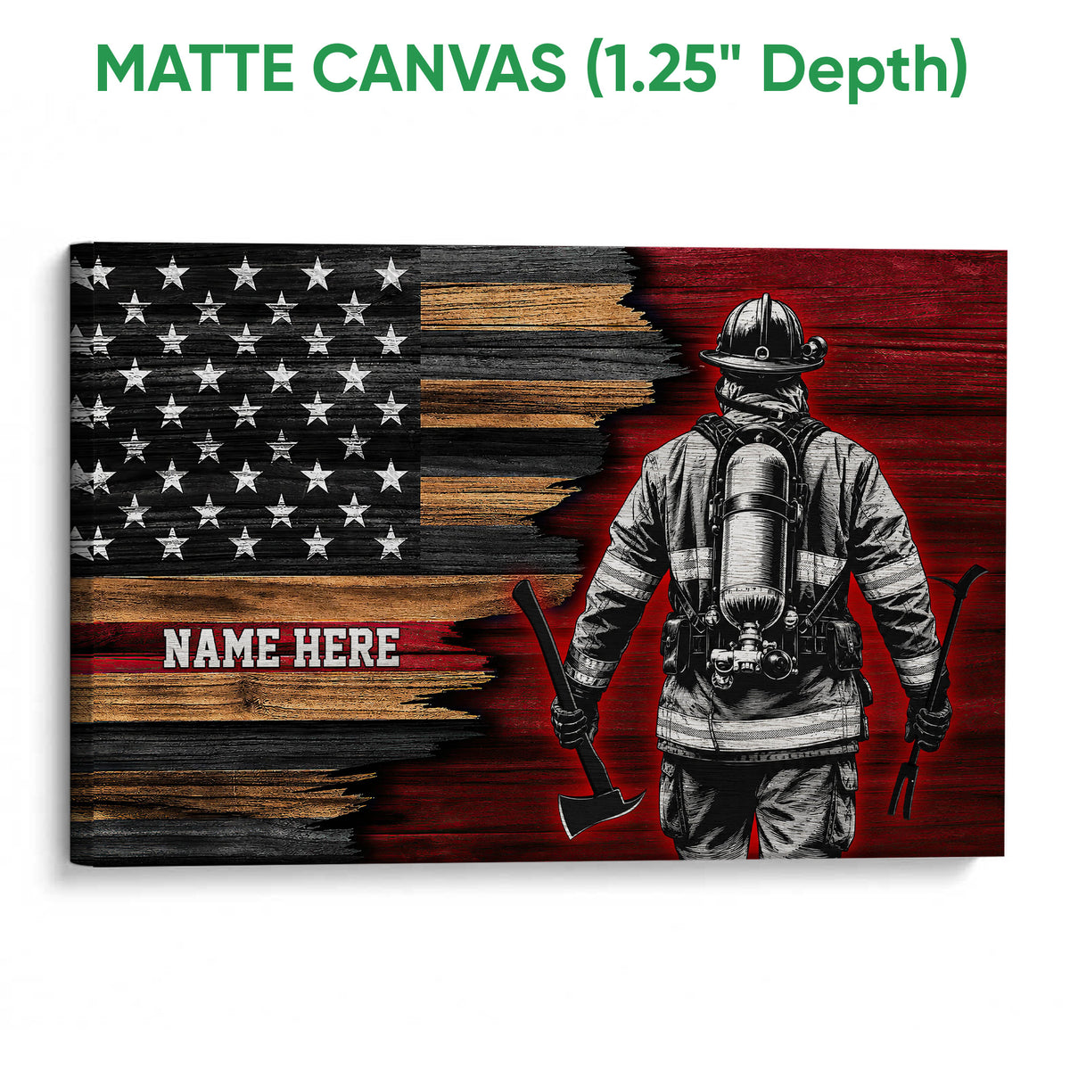 Matte canvas firefighter wall art with a patriotic flag design and textured red, black and wood tones