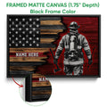 Black framed canvas firefighter wall art with a patriotic flag background and close-up frame detail