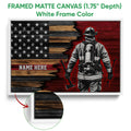 White framed canvas firefighter wall art featuring a distressed patriotic flag design