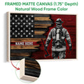 Natural wood framed canvas firefighter wall art with a patriotic flag design and frame detail