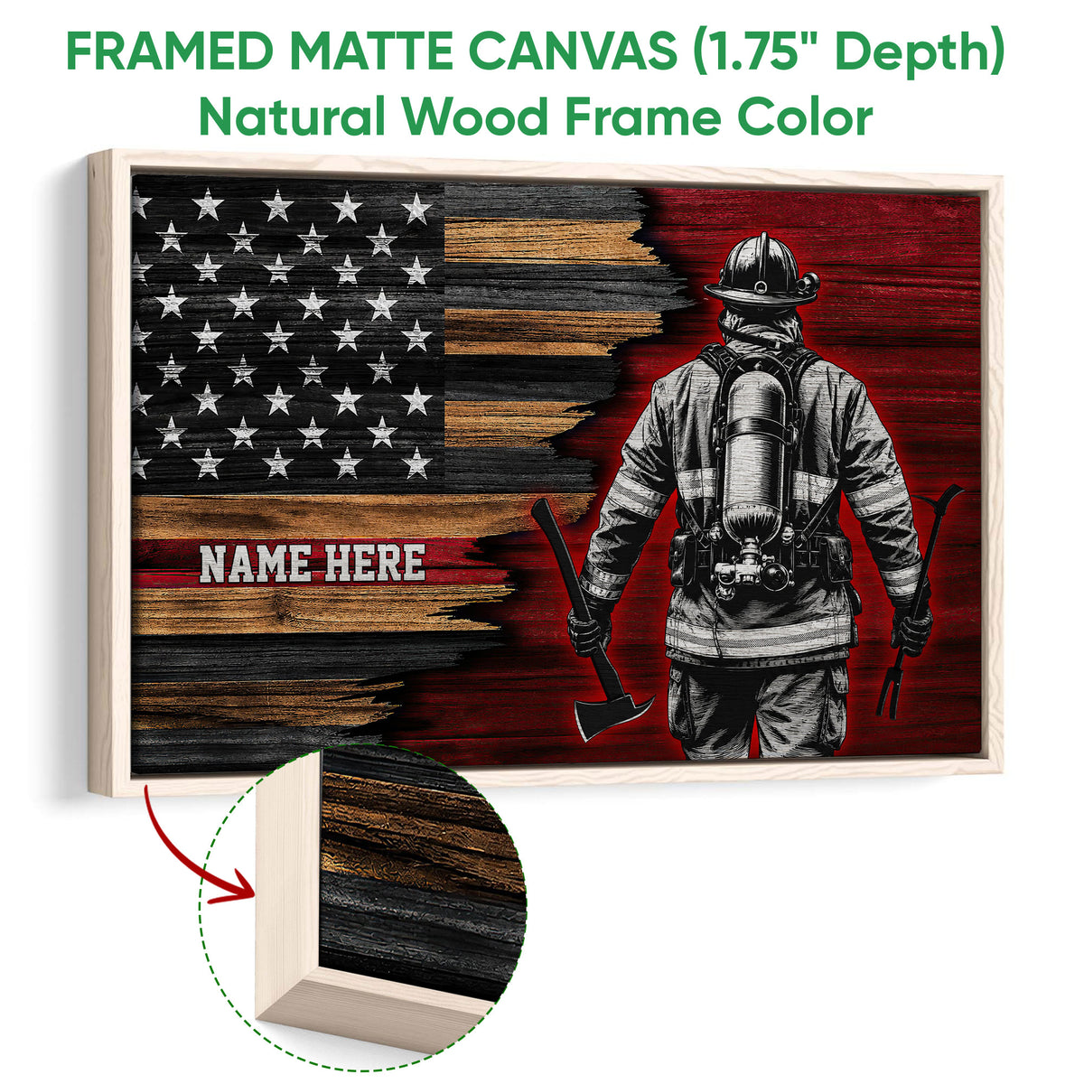 Natural wood framed canvas firefighter wall art with a patriotic flag design and frame detail