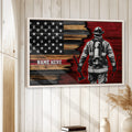 Framed firefighter wall art displayed on a light wood paneled wall in a home decor setting