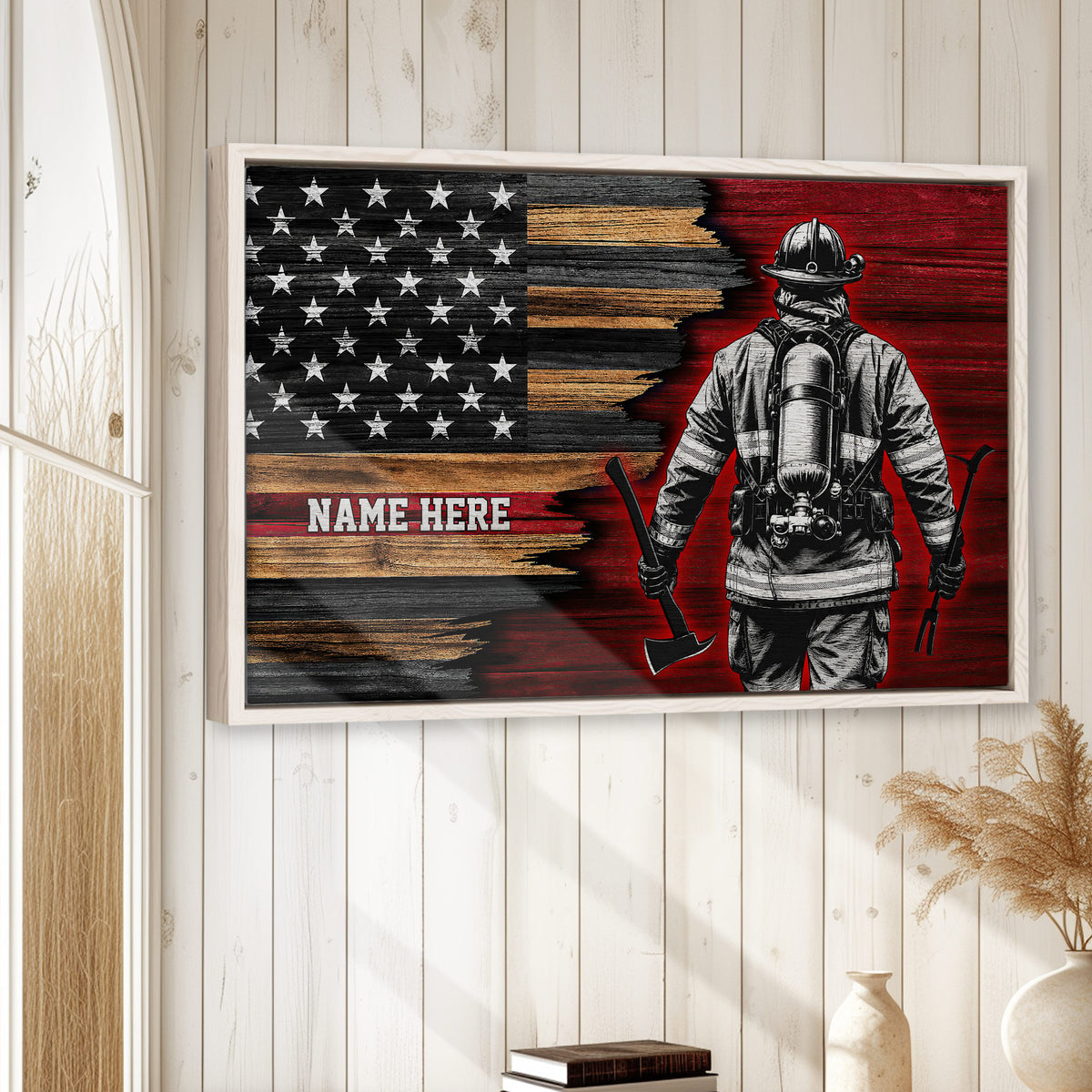 Framed firefighter wall art displayed on a light wood paneled wall in a home decor setting