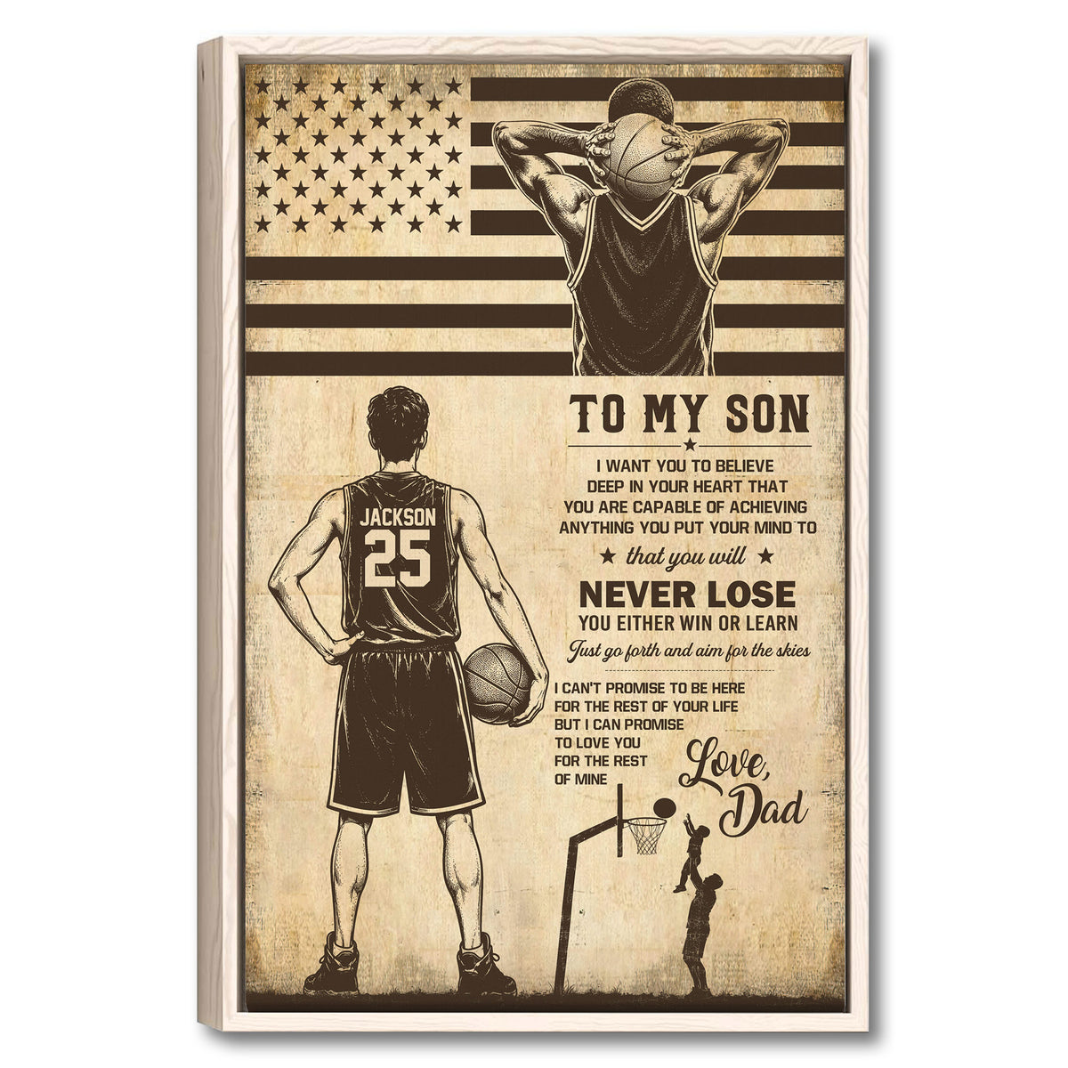 Framed basketball wall art with a player, basketball, stars, stripes, and an inspirational father-son theme