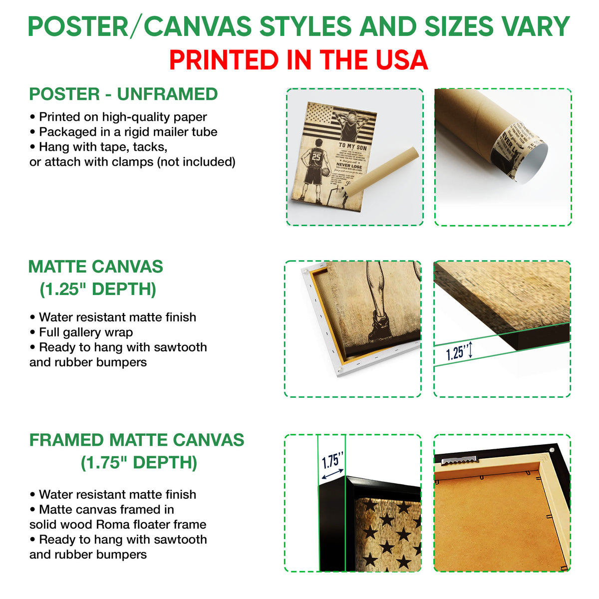 Poster and canvas wall art format guide showing unframed poster, matte canvas, and framed canvas options