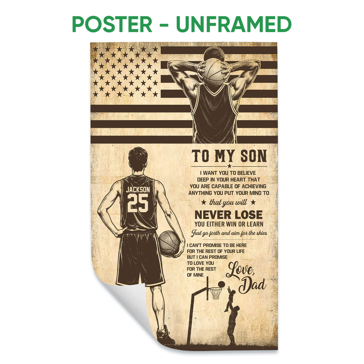 Unframed basketball poster featuring a player with a basketball, vintage stars and stripes, and father-son artwork