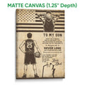 Matte canvas basketball wall art showing a player, basketball, inspirational message, and vintage sports design