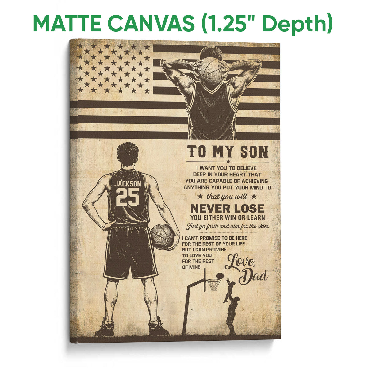 Matte canvas basketball wall art showing a player, basketball, inspirational message, and vintage sports design