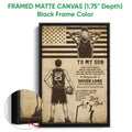 Black framed basketball canvas wall art with a vintage player illustration, basketball, and motivational father-son message