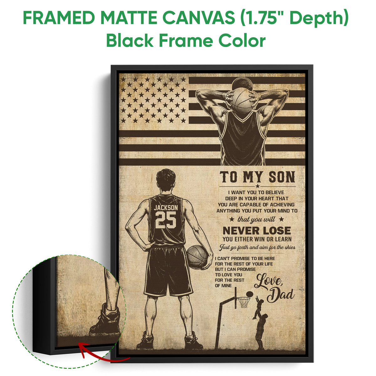 Black framed basketball canvas wall art with a vintage player illustration, basketball, and motivational father-son message