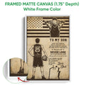 White framed basketball canvas wall art featuring a player, basketball, stars and stripes, and an inspirational message