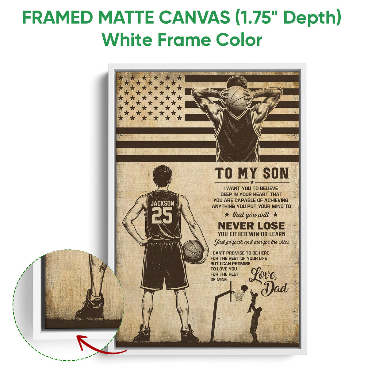 White framed basketball canvas wall art featuring a player, basketball, stars and stripes, and an inspirational message
