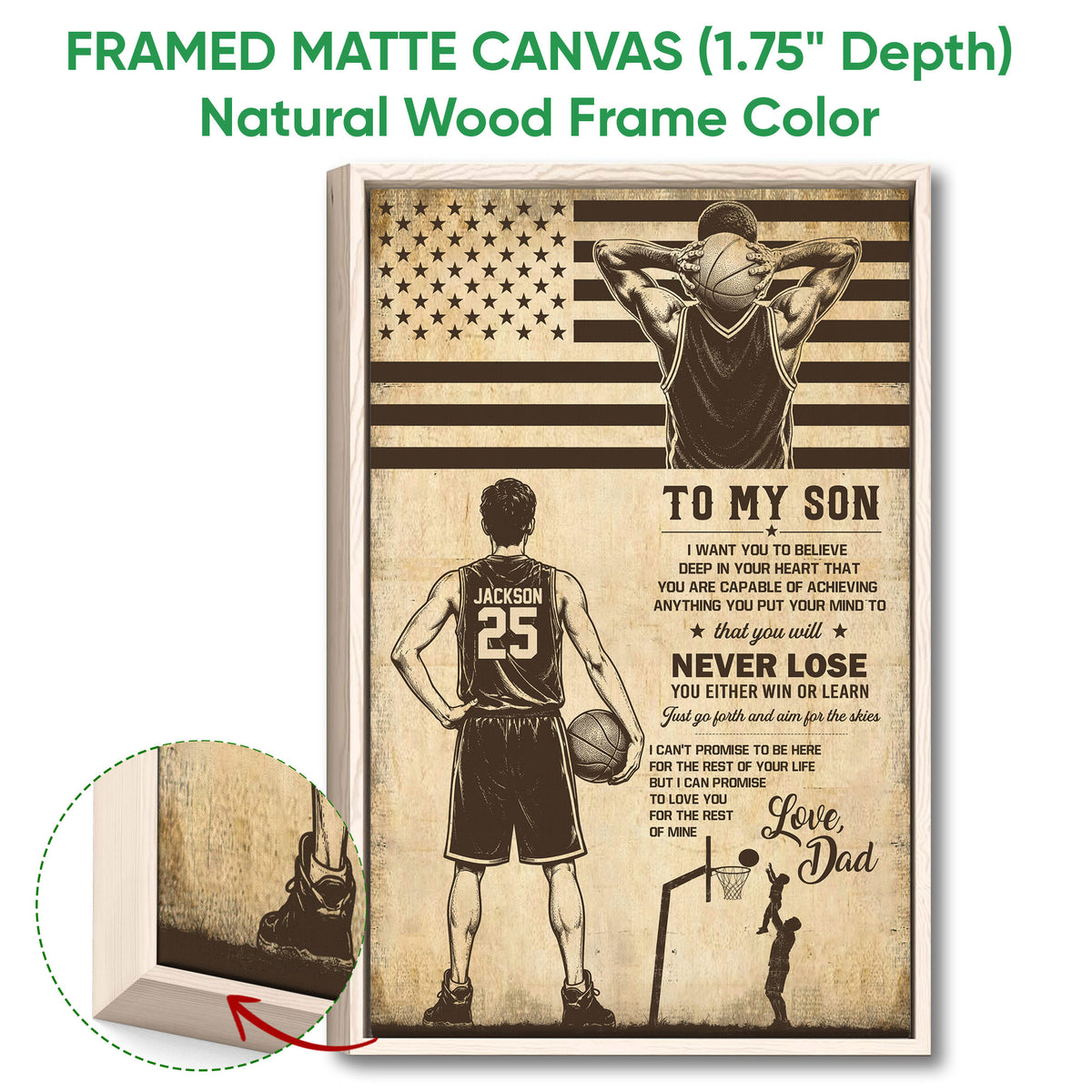 Natural wood framed basketball wall art with a vintage player illustration and motivational father-son design