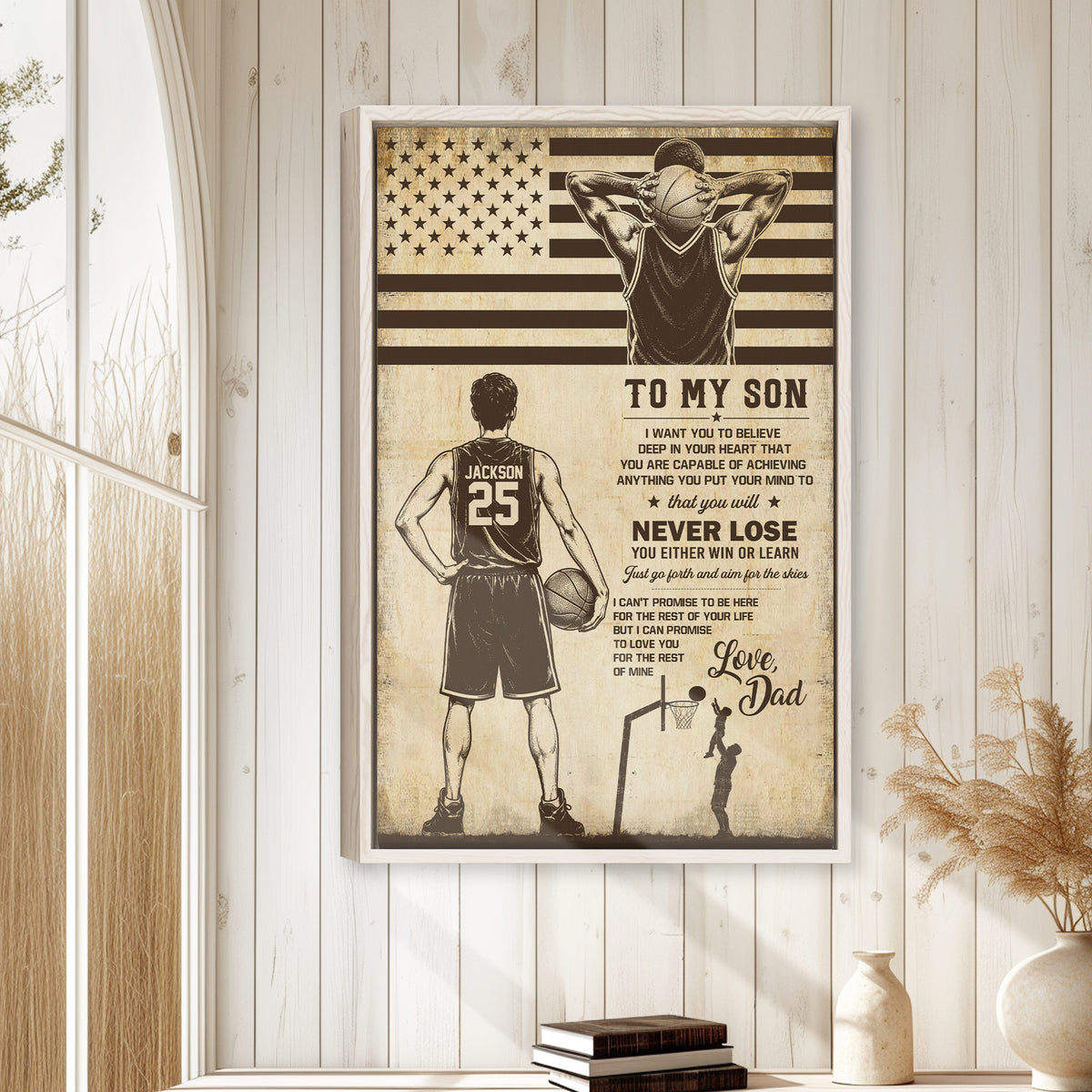 Framed basketball wall art displayed on a light wood-paneled wall in a warm home interior
