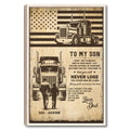 Framed trucker wall art with a semi-truck, American flag design, and father-and-child scene