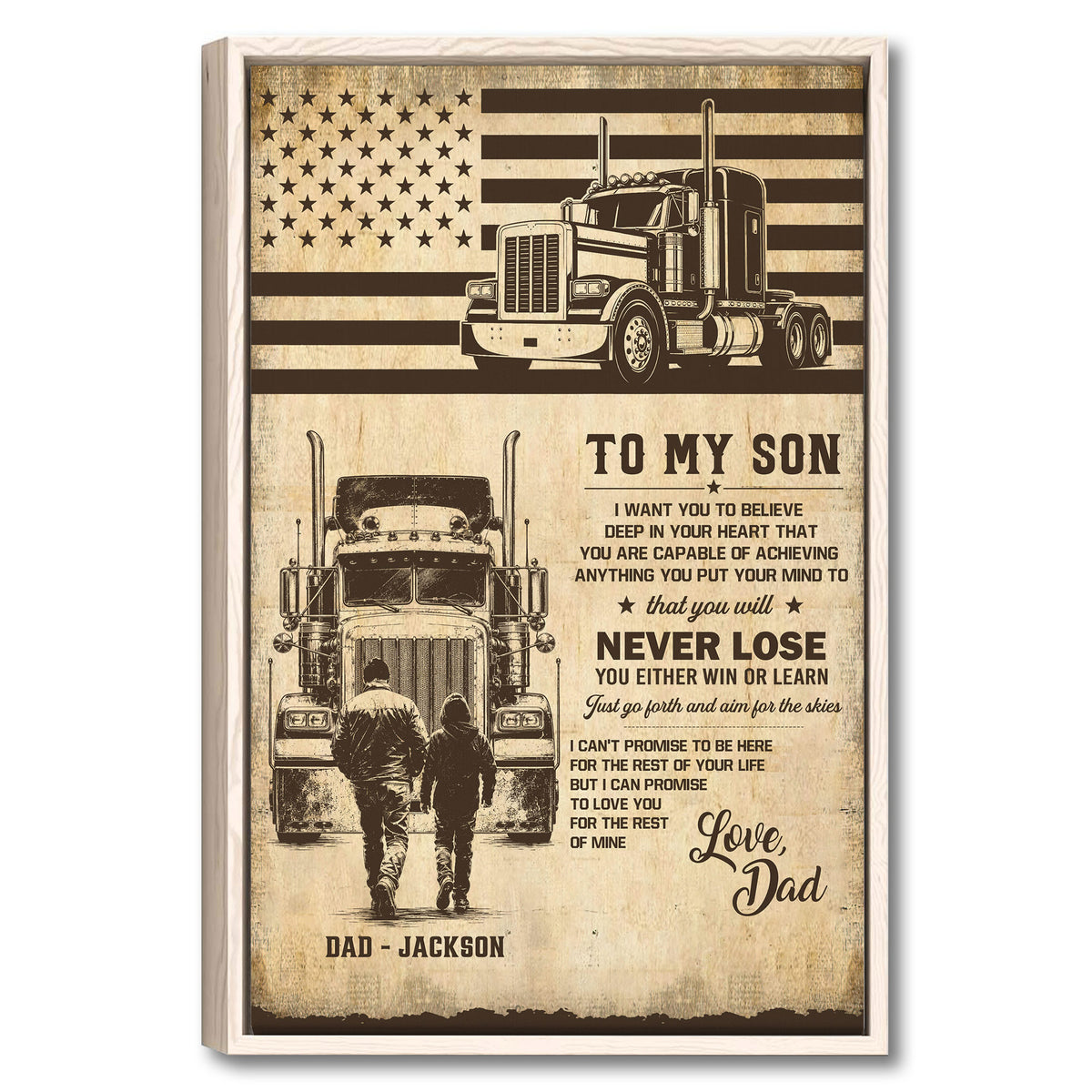 Framed trucker wall art with a semi-truck, American flag design, and father-and-child scene