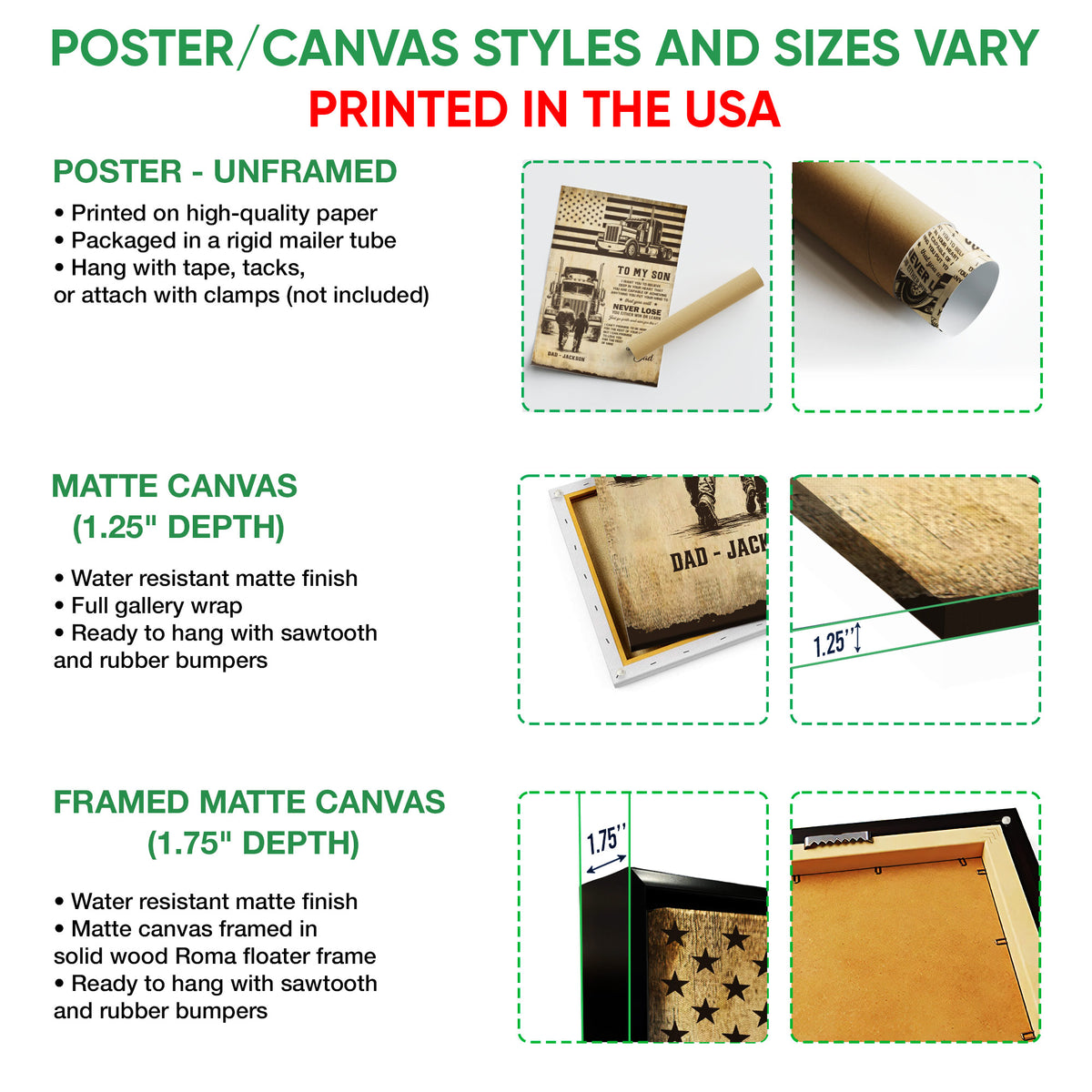 Poster and canvas wall art option guide showing unframed poster, matte canvas, and framed canvas formats