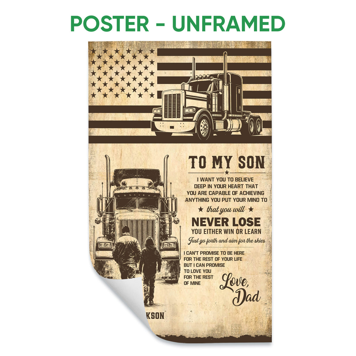 Unframed trucker poster featuring semi-trucks, an American flag, and a sentimental father-and-son design