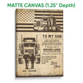 Matte canvas trucker wall art featuring vintage-style semi-trucks, flag imagery, and inspirational wording