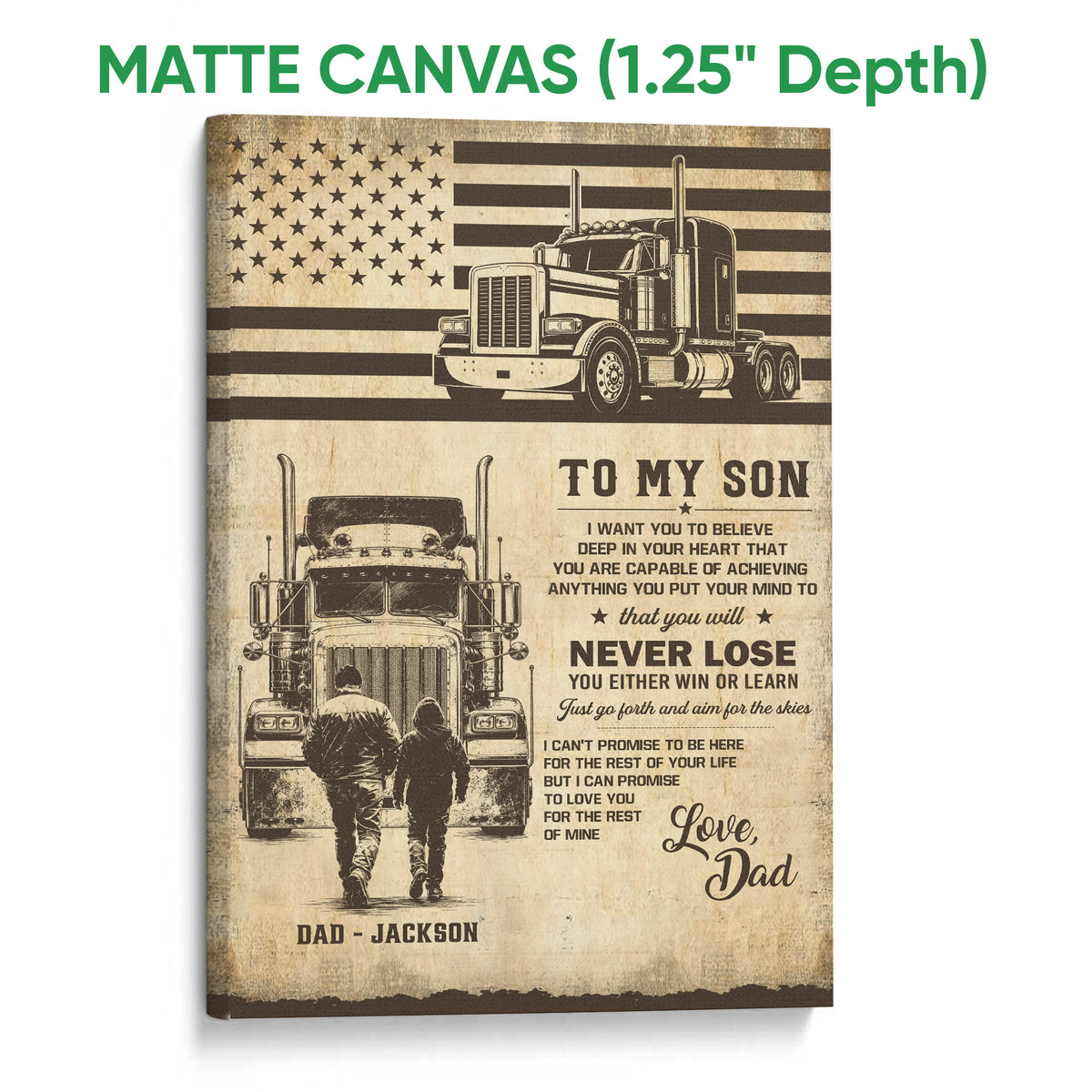 Matte canvas trucker wall art featuring vintage-style semi-trucks, flag imagery, and inspirational wording