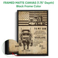 Black framed canvas wall art with a semi-truck, American flag background, and father-and-child artwork