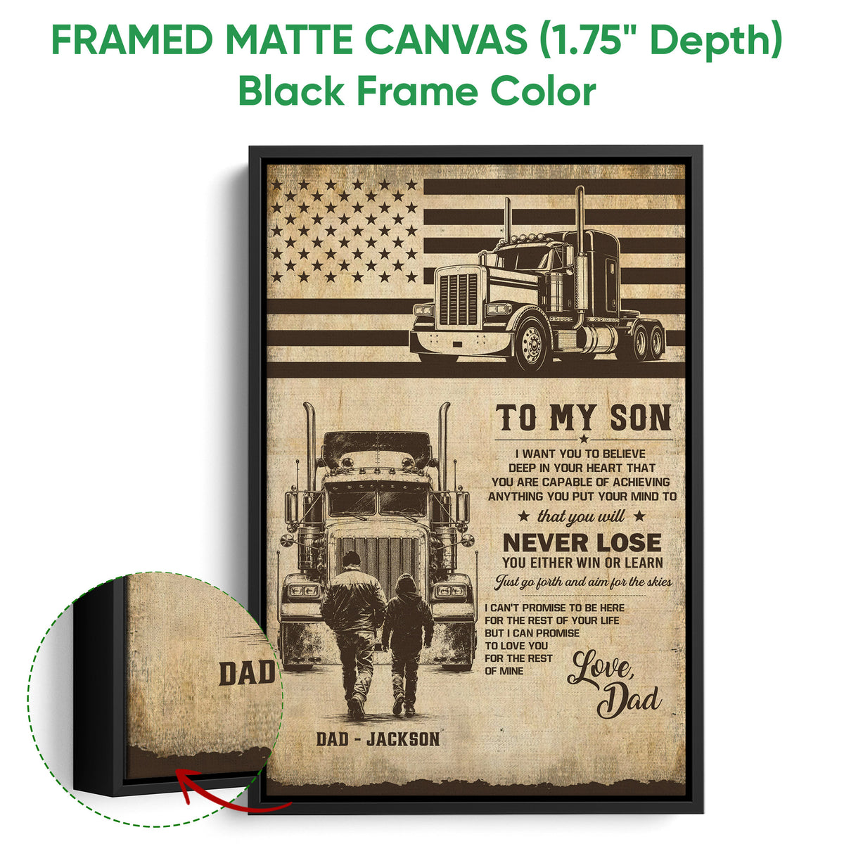Black framed canvas wall art with a semi-truck, American flag background, and father-and-child artwork