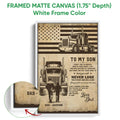 White framed canvas trucker wall art with semi-trucks, flag imagery, and a warm father-and-son theme