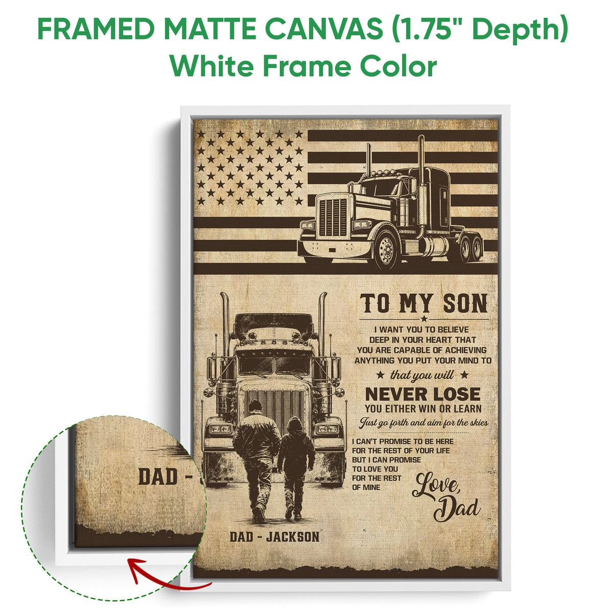 White framed canvas trucker wall art with semi-trucks, flag imagery, and a warm father-and-son theme