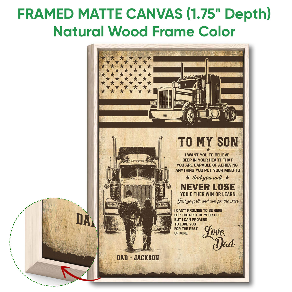 Natural wood framed trucker wall art featuring semi-trucks, an American flag, and vintage-inspired artwork