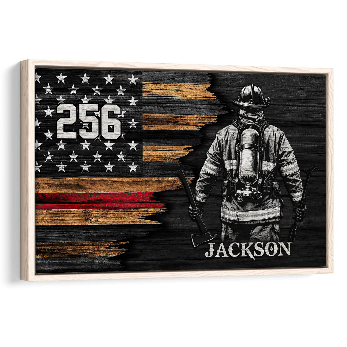 Framed firefighter wall art featuring a firefighter, axe, stars, and a distressed red line flag design