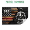 Unframed firefighter poster with a firefighter, axe, stars, and distressed red line flag design