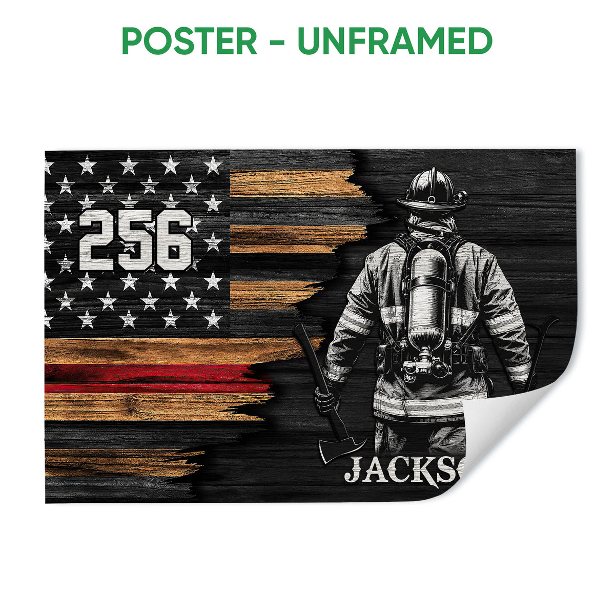 Unframed firefighter poster with a firefighter, axe, stars, and distressed red line flag design