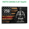 Matte canvas firefighter wall art featuring a firefighter and distressed patriotic flag artwork