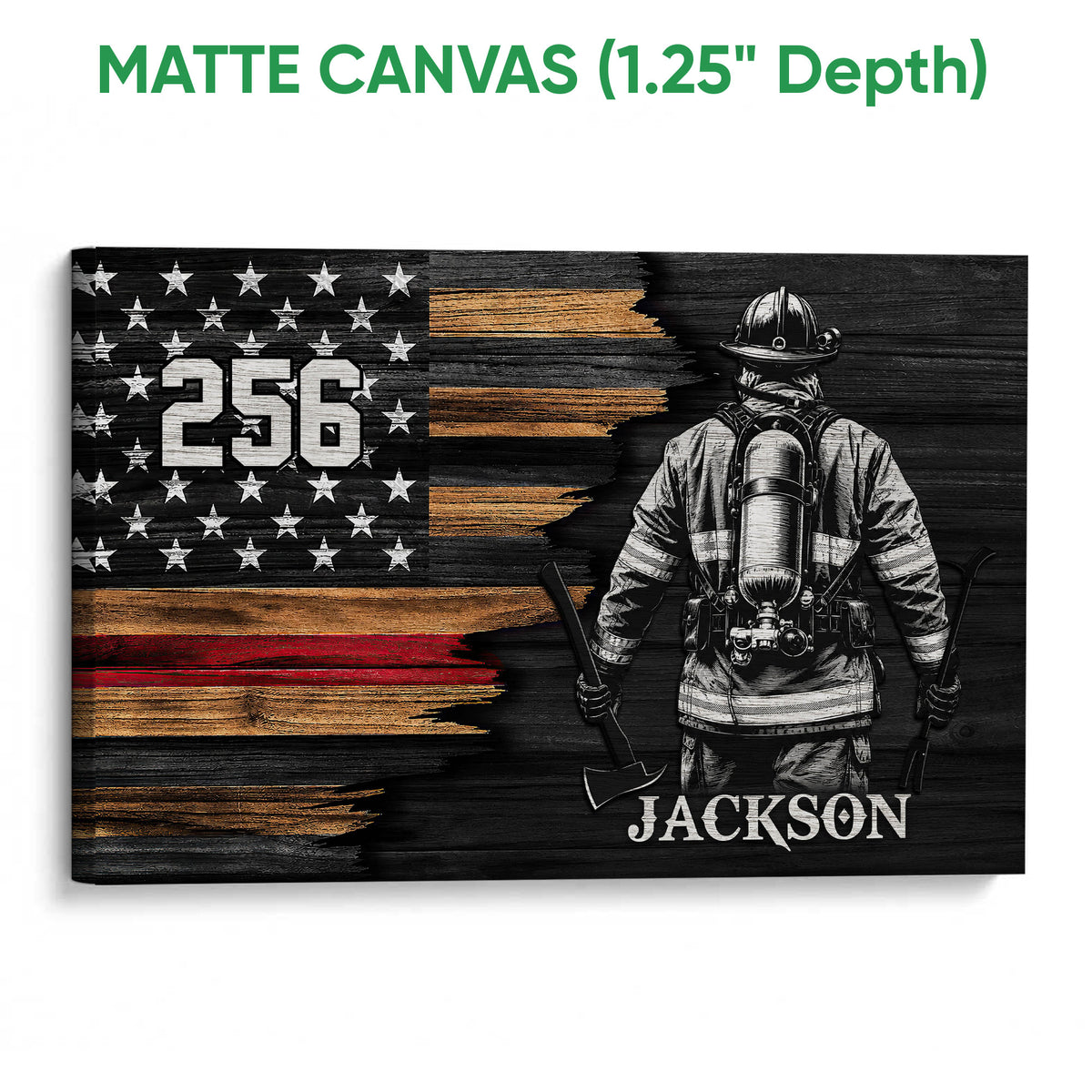Matte canvas firefighter wall art featuring a firefighter and distressed patriotic flag artwork