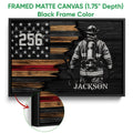 Black framed firefighter canvas wall art with a firefighter, axe, and distressed flag design